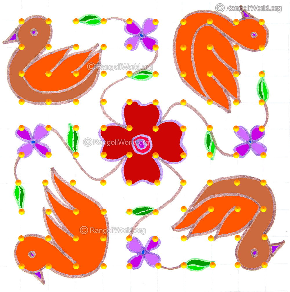 Simple duck bird flower kolam may1 2015 with dots