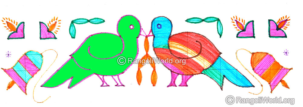 Love birds and temple bell vilakku kolam