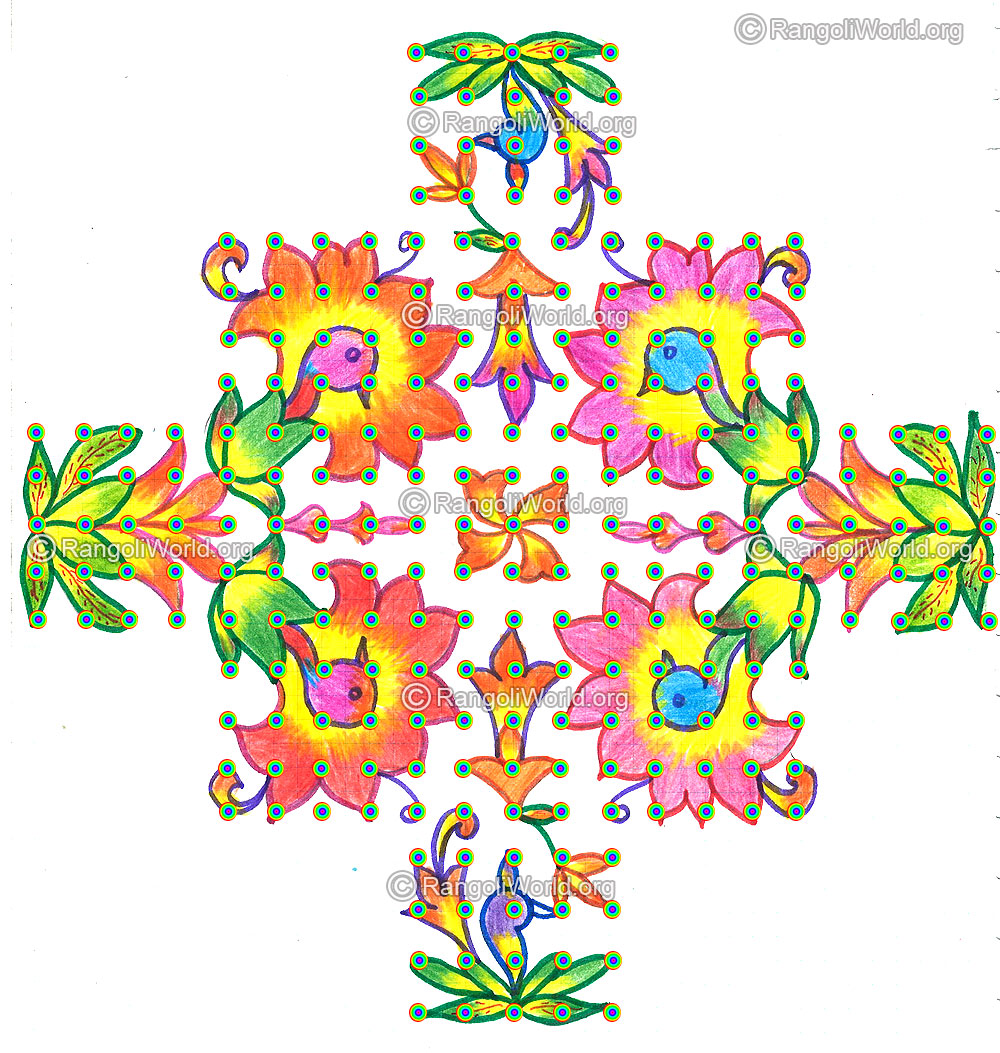 Peacock and flowers kolam nov 2015 with dots