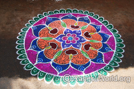 Lamp and flowers freehand rangoli mar