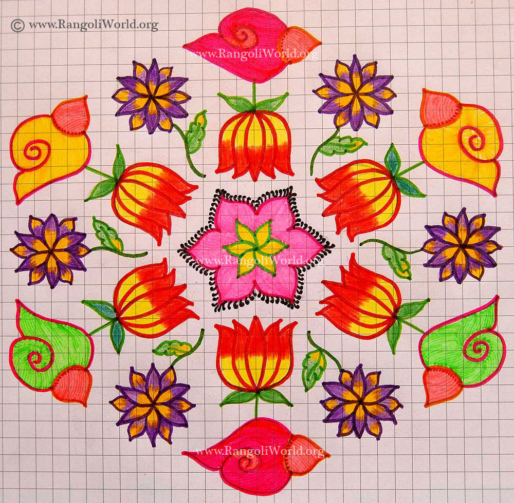 Shell Kolam With Lotus Flowers