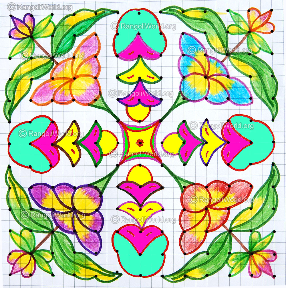 Flower plant kolam with dots