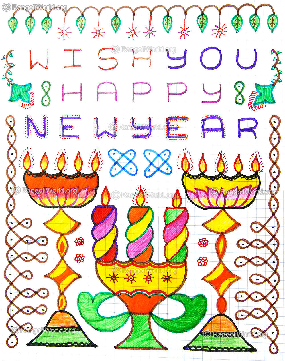 Wish you happy new year kolam with candles and kuthuvilaku