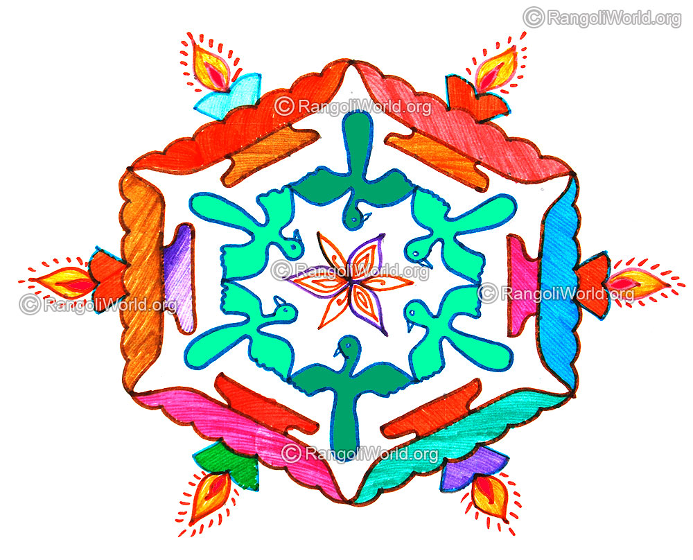 Deepam lamp and love birds latest kolam 2016