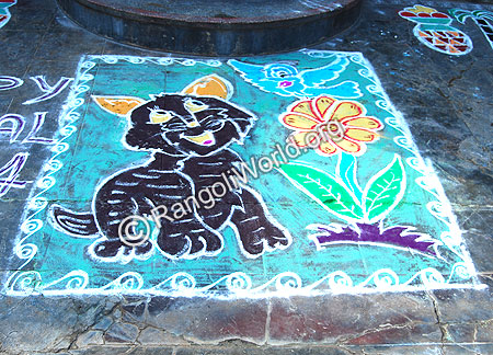 Puppy cat and bird Drama Theme Freehand Rangoli