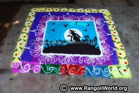 Natural scenery with krishna with flute rangoli design 2019