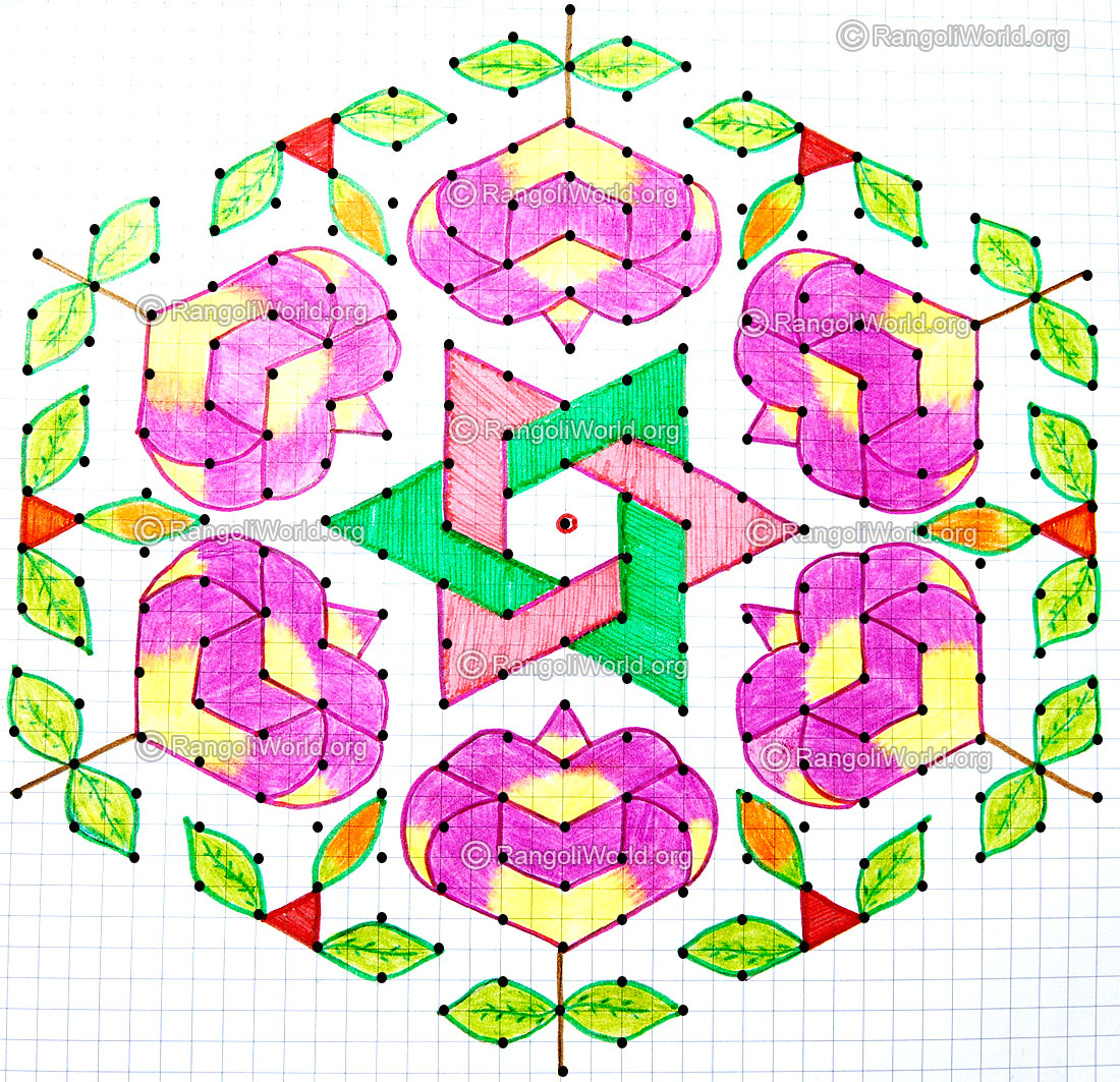 Rose star kolam with dots