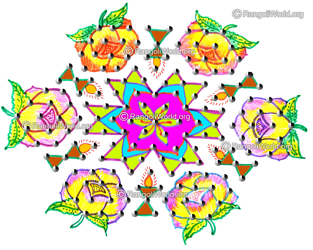 Rose flower karthigai deepam kolam april14 2015 with dots